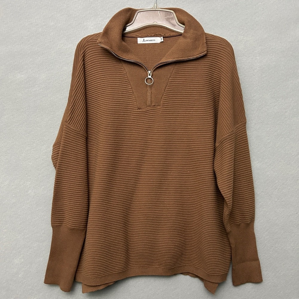 Anrabess Women M Sweater Brown Ribbed Quarter Zip Drop Shoulder Clean Girl